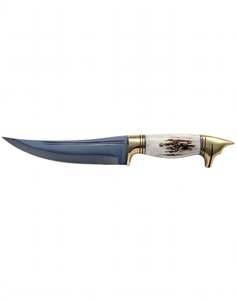 Couteau utilitaire à lame fixe artisanal en acier au carbone, manche en corne de cerf naturelle, garde en laiton, outil de découpe - Product Image 1