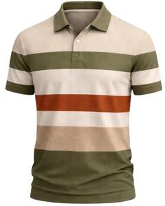 Polo pour homme rayé beige et vert olive avec contraste rouille en coton, coupe classique, décontracté, été, fabricant OEM, approvisionnement en gros - Product Image 1