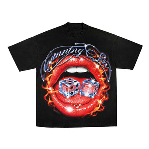 <b>Men's</b> Black 100% Cotton Formal T-Shirt with Red Lips and Dice Print Short Sleeve <b>Turtleneck</b> Regular Fit - Product Image 1