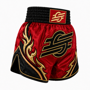 Pantalones Cortos Rojos de MMA con Diseño de Llama Dorada, Logotipo Negro Estampado en la Parte Delantera, Unisex, Corte Regular, Poliéster Elástico, Duraderos, de Secado Rápido, para Adultos, Combate - Product Image 2