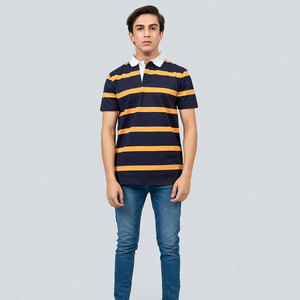 Polo de punto de manga corta a rayas azul marino y mostaza para hombre, estilo casual, corte regular - Product Image 3