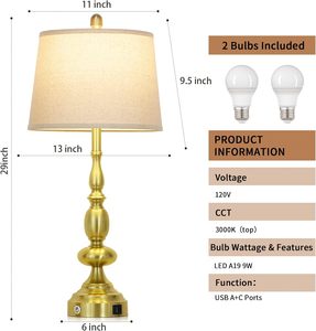 Stylish Antique Brass Gold Table <b>Lamp</b> with 10 Inch Shade Modern LED Bedside <b>Lamp</b> for Bedroom Living Room - Product Image 6