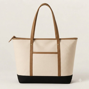 Zipper Top Cotton Tote <b>Bag</b> Eco Friendly Leather Handle Large Capacity Women <b>Shoulder</b> Handbag Reusable Color Block Wedding Custom - Product Image 1