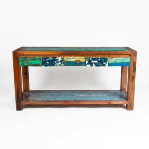 Rustic Teak Wooden <b>Console</b> <b>Table</b> 5 Drawers Eco-Friendly <b>Storage</b> Antique Design Villa Entryway Living Room Apartment Hotel - Product Image 1