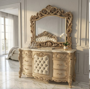 Intricately Carved Royal Console Table with Matching <b>Mirror</b> <b>Makeup</b> Vanity Carved Wooden <b>Mirror</b> Dresser for Bedroom.at wholesale. - Product Image 2