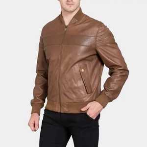 Chaqueta Bomber Calefactable de Cuero Genuino Marrón para Hombre, Cuello Mao, Cierre de Cremallera, Ropa Casual de Invierno, Manga Regular, Color Sólido - Product Image 1