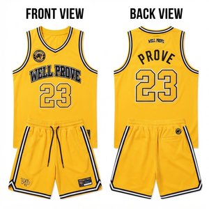 Ensemble de maillots de basket-ball personnalisés en polyester respirant jaune or, tissu maillé 180 GSM, impression numérique, bordure côtelée - Product Image 4