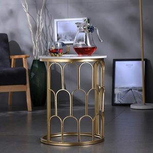 Table d'appoint de luxe en métal doré avec plateau en marbre blanc, table ronde moderne, table basse d'appoint pour salon, chambre, balcon - Product Image 5