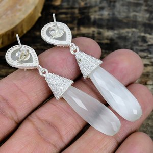 Natural White Monalisa Quartz Drop With Pear Shape Gemstone <b>Handmade</b> Stud <b>Earrings</b> 925 Sterling Silver - Product Image 4