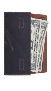 Genuine Leather Slim <b>Wallet</b> Unisex Minimalist Fold Closure Dark Blue Brown Two-Tone Design Daily Use - Product Image 4