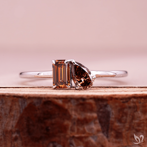 Pear and Emerald Cut Orange Lab Grown Diamond Toi et Moi <b>Ring</b> <b>Two</b> <b>Stone</b> Engagement <b>Ring</b> Ready to Ship Bridal Jewelry - Product Image 1