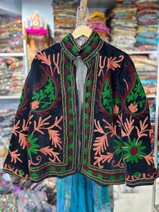 Handcrafted Suzani <b>Velvet</b> Short <b>Jacket</b> Floral Embroidered <b>Women</b> Traditional Boho Ethnic Open Front Designer Outerwear - Product Image 1