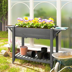 Fioriera Rialzata in Legno Grigia con Ruote Bloccabili, Ripiano Inferiore e Fori di Drenaggio - Forniture da Giardino - Product Image 2