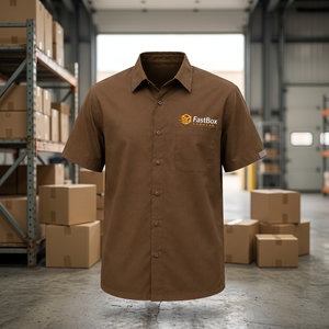 เสื้อเชิ้ตทำงานผู้ชายสีน้ำตาล FastBox แขนสั้น ผ้าฝ้ายระบายอากาศ พิมพ์ลายโลโก้ ส่งด่วน ชุดยูนิฟอร์ม - Product Image 2