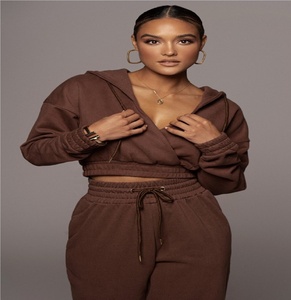 ชุดครอปทอปบราวน์มีซิปสำหรับผู้หญิง,ชุดสูทพร้อมกางเกงเย็บริมแบบตรงมีหลายสไตล์ - Product Image 5