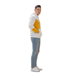 <b>Men's</b> <b>White</b> Yellow Color Block Hooded <b>Sweatshirt</b> Slim Fit Casual Autumn Cotton Knitted Pullover with Pocket - Product Image 1