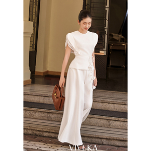 Women's Modern Elegant <b>White</b> High Waist Wide Flared Leg Full Length Loose Fit Zipper Fly Autumn Casual Office Pants MARINA - Product Image 3