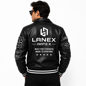 Custom Black Leather Varsity <b>Jacket</b> for <b>Men</b> with Embroidered Chenille Patches, Rib Knit Cuffs, Bomber Letterman <b>Jacket</b> OEM & ODM - Product Image 4