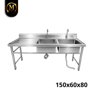 High Grade Double Bowl <b>Sink</b> Left Platform 0.8mm Thickness Stainless Steel Freestanding Commercial Kitchen Wash <b>Drainer</b> Bench - Product Image 2