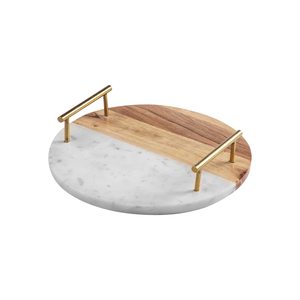Elegant Half <b>Wood</b> Half <b>White</b> Marble Fusion <b>Tray</b> with Gold Finish Handles Decorative Serving <b>Tray</b> for Home Kitchen Dining Table - Product Image 1