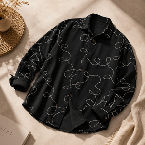 Stylish Men Black Cotton Embroidered Shirt Full Sleeve Casual Button <b>Down</b> Overshirt with Abstract Line Design - Product Image 3