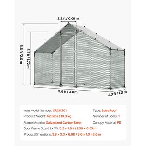 Grande Pollaio in Metallo 9.8 X 3.3 X 6.6 ft Impermeabile con Area di Recinzione e Tetto a Punta per la Cura del Pollame - Product Image 5