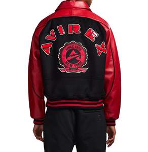 Avirex <b>Men's</b> Black Red Varsity <b>Jacket</b> Leather Embroidered Logo Front Zipper Casual Autumn Wear Bright Red Leather Mix of Passion - Product Image 2
