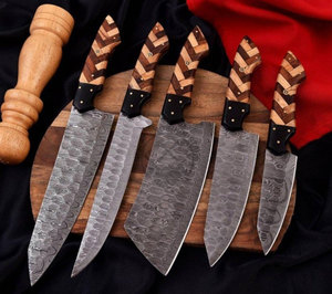Juego de cuchillos de cocina de acero damasco de espiga completa, hechos a mano, edición de nueva marca, 5 piezas, con mango de palisandro olivado. - Product Image 1