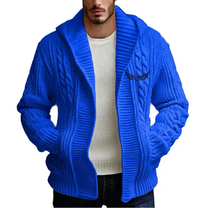 <b>Men's</b> White Knitted Open Front Thick Cable Knit Casual Winter Sweater <b>Jacket</b> Regular Fit Solid Color Turn-down Collar - Product Image 5