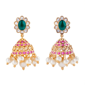 Ethnic Pearl Jhumka Earrings for Wedding and Party-Brass Alloy with Diamond Accents - Product Image 2