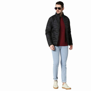 URBANGAZER Men's Black Puffer Jacket Stand Collar <b>Covered</b> <b>Button</b> Closure Windproof Breathable Eco-Friendly High Street Style - Product Image 2