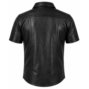 Vintage <b>Men</b> <b>Black</b> Genuine Leather <b>Shirt</b> <b>Short</b> <b>Sleeve</b> Classic Turn Down Collar Distressed Look Biker Uniform <b>Shirt</b> Bulk Price - Product Image 2
