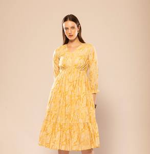 Vestido de Noche para Mujer, Diseño Abstracto Amarillo, Estampado, Corte Evase, Sin Mangas, para Fiestas Formales, Calidad de Exportación - Product Image 1