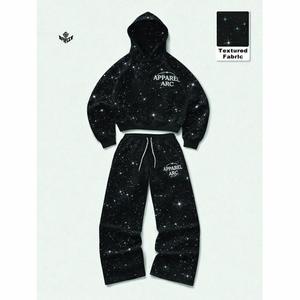 ชุดเซ็ตฮู้ดดี้และกางเกงจ็อกเกอร์ผ้าฝ้ายฟลีซประดับเพชรเทียมสำหรับผู้ชายและผู้หญิง สไตล์สตรีทแวร์ รับผลิตตามแบบ พร้อมปักโลโก้ ขายส่ง OEM - Product Image 1