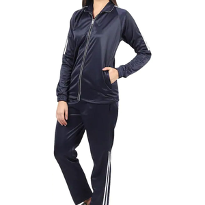 <b>Women's</b> <b>Navy</b> Blue 2-Piece Satin Tracksuit Set Full Sleeve Zip-Up Jacket and Pants Sporty Style Regular Fit All Seasons Wear - Product Image 3