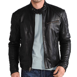 Men's <b>Black</b> Genuine Leather Moto <b>Jacket</b> Slim Fit Zipper Closure Stand Collar Regular Sleeve Autumn Style High Quality OEM trendy - Product Image 1