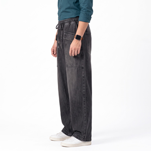 Pantalones vaqueros de hombre de pierna ancha con cintura elástica y parte delantera plana, pantalones cargo de mezclilla unisex de ajuste holgado con cintura media, cordón y bolsillos - Product Image 2