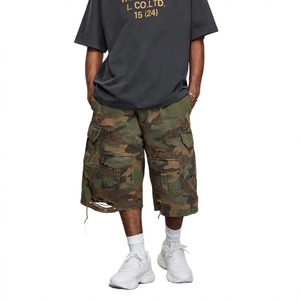 Shorts Bermuda Cargo Homme en Toile 100% Coton Camouflage Délavé Déchiré Taille Mi-Haute Braguette Zippée Coupe Ample Style Streetwear - Product Image 3
