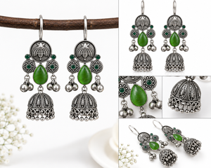 Oxidized Silver Green Bell Bezel Setting Monalisa <b>Stud</b> Pear Stone Indian Jhumka <b>Earrings</b> Wedding Direct Factory Manufacturer - Product Image 3