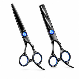 Stainless Steel Black Hairdressing Scissors Set With Cutting And <b>Thinning</b> Shears Blue Decorative Screw And Finger <b>Rings</b> - Product Image 1