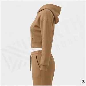 <b>Women</b> Hooded Crop Top Sweatshirt & Drawstring <b>Jogger</b> Pants Set Solid Color Casual Tracksuit Autumn Full Sleeve Midweight <b>Fleece</b> - Product Image 3