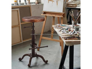 Vintage Wooden Seat Bar <b>Stool</b> Rustic Industrial Swivel <b>Stool</b> Adjustable Height Metal & Wood <b>Stool</b> Retro Workshop Style <b>Stool</b> - Product Image 5