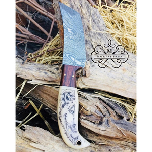 Cuchillo de Caza de Acero Inoxidable de Damasco con Grabado de Lobo, Mango de Madera Exótica, Hecho a Mano, Cuchillo para Bushcraft, Hoja de 3 Pulgadas, 1 Año de Garantía - Product Image 1