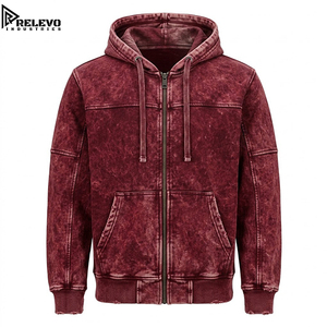 OEM <b>Men</b> Oversized Acid-Wash Maroon <b>Burgundy</b> Full-Zip Heavyweight <b>Hoodie</b>, Panel Stitched Vintage Mineral Wash Fleece <b>Hoodie</b> - Product Image 1