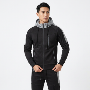 Ensemble de survêtement noir à capuche pour homme, couleur unie, manches longues, fermeture éclair, tenue décontractée de jogging avec poches latérales, idéal pour l'automne - Product Image 6