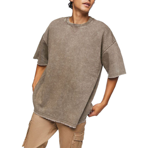 T-shirt Homme Nouveau Modèle Vintage Délavé à l'Acide, Coupe Oversize Épaules Tombantes, Col Montant Tricoté, Manches Courtes, Coupe Boxy, OEM Disponible - Product Image 1