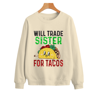 Sudaderas de Mujer Cinco De Mayo 100% Algodón con Forro de Patchwork, Casuales, con Bordado de Lentejuelas 'Will Trade Sister Tacos', OEM/ODM - Product Image 1