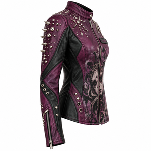 Purple Black Genuine Leather Jacket Jester Graphic Print Spike <b>Stud</b> Collar Snap Stand Biker Coat Custom Manufacturer Service - Product Image 3