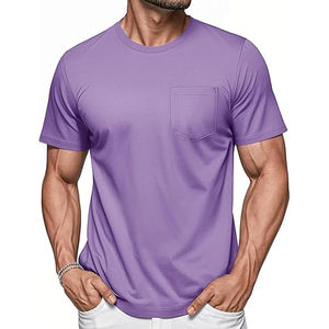 T-shirt pour homme à manches courtes, coupe ajustée, col rond, en coton pur, avec poche poitrine, tricoté, couleur unie, décontracté - Product Image 1