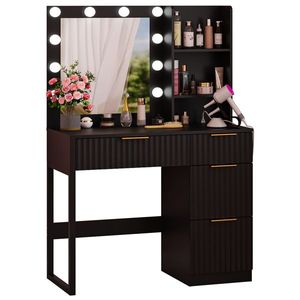 Mobile da Trucco in Truciolato Nero con Finitura Melaminica, 4 Cassetti, 2 Ripiani, 10 Lampadine Tricolore e Multipresa - Product Image 2